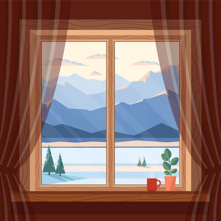 Window view of the morning and evening blue mountains, snow, spruce and river in winter, at dawn, sunset in cozy home with cup of coffee. Christmas and New year welcoming. Vector flat illustration.のイラスト素材