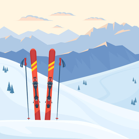 Red ski equipment at the ski resort. Snowy mountains and slopes, winter evening and morning landscape, sunset, sunrise. Vector flat illustration.のイラスト素材