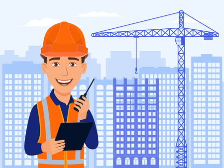 Builder, civil engineer, smile cartoon character in helmet and vest. City view, skyscrapers, house under construction and crane. Vector flat illustration.のイラスト素材