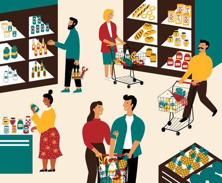 Men and women buying products at grocery store. Happy people with shopping carts purchasing food at supermarket. Customers in retail shop. Flat cartoon vector illustration.のイラスト素材