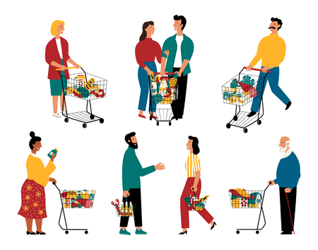 Supermarket customers, cartoon characters. Men and women with shopping carts at grocery store. Buyers with baskets full of food in retail shop. Vector flat illustration, isolated on white.のイラスト素材