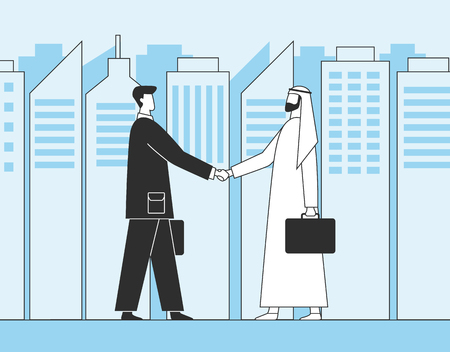 Arab businessmen, business handshake, conclusion of the transaction. Muslim investors on the background of city skyscrapers. Flat vector illustration.のイラスト素材