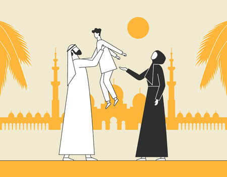 Traditional Arab family, Muslim culture. Man holding a child, raise up. Parents with son on the background of mosque, thin stroke line. Flat vector illustration.のイラスト素材