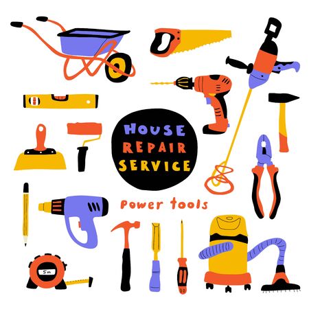 Construction tools, cute doodle set with lettering. Funny house  repair equipment. Hand drawn cartoon vector illustration, isolated on white.のイラスト素材
