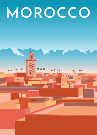 Morocco travel retro poster, vintage banner. Panorama of Marrakech city with red houses, mosque, blue mountains and sky. Hand drawing flat vector illustration.のイラスト素材