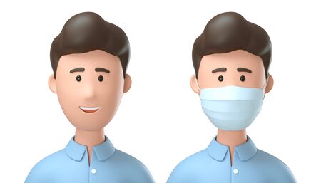 3D illustration of man before and during coronavirus pandemic. Cartoon  character wearing medical...