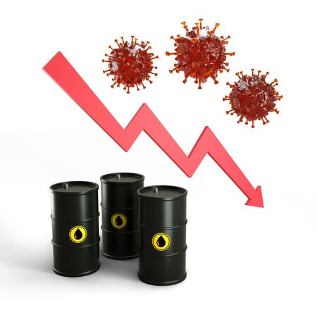 3D illustration concept of falling oil prices in the coronavirus pandemic. Covid-19 collapsing the oil market, global financial crisis. Barrel, viruses and arrow diagram, isolated on white.の写真素材