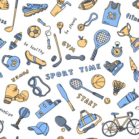 Seamless pattern with sport elements and lettering. Funny doodle hand drawn texture for fabric, wrapping, textile. Vector flat illustration.のイラスト素材