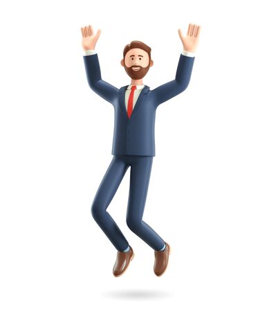 Happy smiling businessman jumping celebrating success. 3D illustration of cartoon winning male character with his hands in the air, isolated on white background.の写真素材