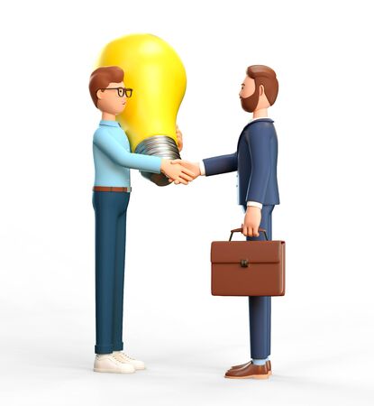 3D illustration of startup concept. Man with huge bulb and businessman shaking hands. Business investments search and creating new innovation ideas.の写真素材