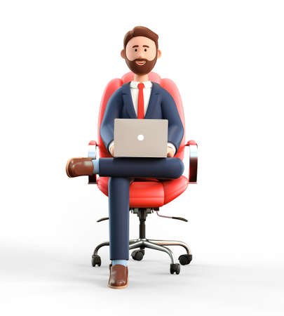 3D illustration of happy smiling businessman in suit with laptop sitting in armchair and looking at camera. Cartoon bearded man working in office and using computer, isolated on white background.の写真素材