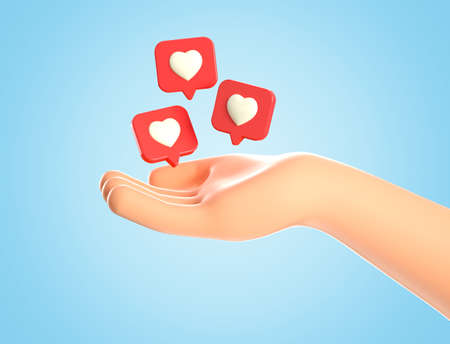 3D illustration of cartoon human hand and like heart icons on a red pins flying around over palm. Social media concept, web icon, like notifications, isolated on blue background.の写真素材