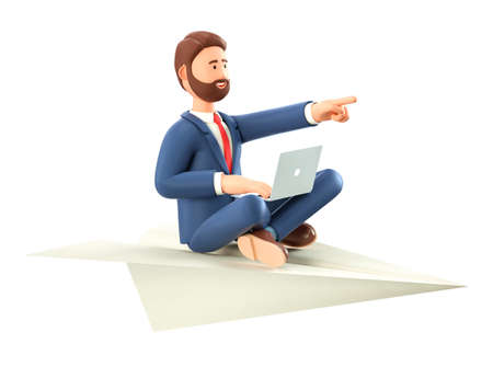 3D illustration of bearded creative man with laptop flying on a huge paper airplane. Cartoon smiling businessman in yoga lotus position pointing forward with hand, isolated on white background.の写真素材