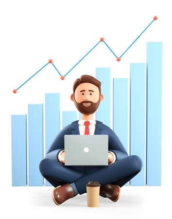 3D illustration of bearded man with laptop sitting on the floor. Cartoon smiling businessman in yoga lotus position. Analytics concept, business strategy, financial management, infographic dashboard.の写真素材