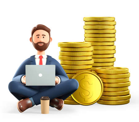 3D illustration of sitting bearded man with laptop and huge stack of gold coins. Cartoon smiling businessman, successful investor in yoga lotus position with big money. Financial savings concept.の写真素材
