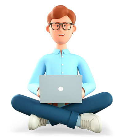 3D illustration of cute smiling man with laptop sitting on the floor in yoga lotus position. Cartoon businessman, freelancer using social networks, online working. Workplace concept.の写真素材