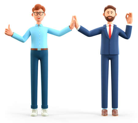 3D illustration of businessmen informal greeting. Happy office people giving high five and gesturing ok sign. Cute cartoon male characters. Successful partnership, friendship and cooperation.の写真素材