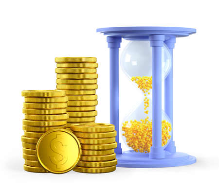Time is money concept. 3D illustration of hourglass and stack of gold dollar coins, isolated on...