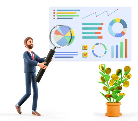 3D illustration of man with huge magnifying glass researching a business dashboard with graphs and infographics. Cartoon businessman, successful investor and money tree. Financial growth concept.の写真素材