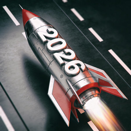 A sleek, metallic rocket emblazoned with '2026' launches from a dark runway, its engine blazing with a vibrant, fiery exhaust. Symbolizes progress, new beginnings, and the future ahead.の素材