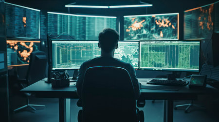 Security guard in surveillance room at night. Male security guard in surveillance room at night.の素材