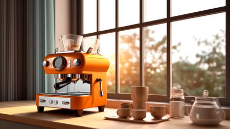 Modern orange coffee machine in front of window. 3D rendering.の素材