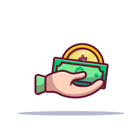 Hand with money and dollar coin cartoon icon illustration flat style on white background for web, landing page, sticker, banner, flier, ads, advertisementのイラスト素材