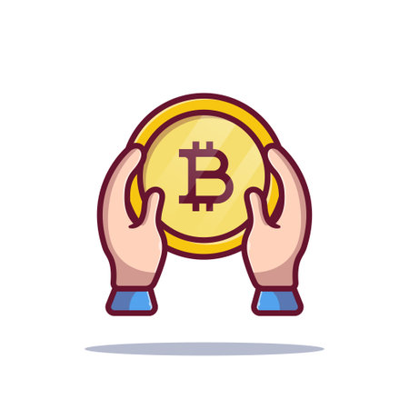 Business concept. hands holding bit coin cartoon icon illustration flat style on white background for web, landing page, ads, advertisement, sticker, banner, flierのイラスト素材