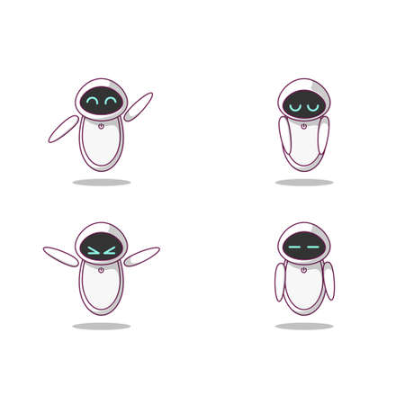 Assistant robot 4 expressions set vector icon illustration flat style on white background for web, landing page, banner, sticker, ads, advertisement, flierのイラスト素材