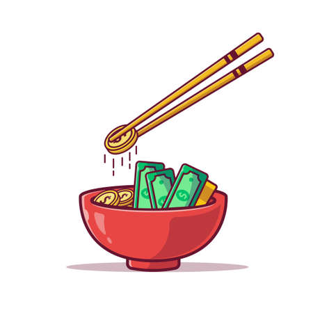 business concept. money and dollar coin in a bowl with chopsticks cartoon icon illustration flat style on white background for web, landing page, ads, advertisement, sticker, banner, flyerのイラスト素材