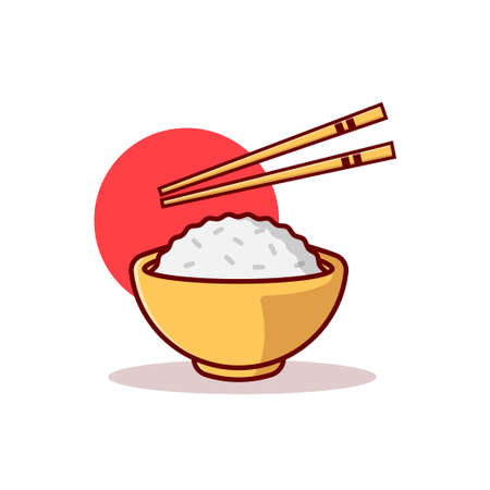 Bowl With Rice And Chopsticks Flat Vector Illustration Icon On White Background for web, landing page, sticker, bannerのイラスト素材