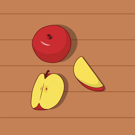 Whole Apple and Sliced Apple on Wood Table Vector Illustration Icon for web, landing page, sticker, bannerのイラスト素材
