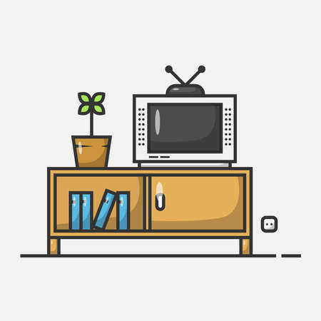 Retro TV on Desk with Vase and Book Vector Icon Illustration. Vintage TV Vector. Flat Cartoon Style Suitable for Web Landing Page, Banner, Flyer, Sticker, Wallpaper, Backgroundのイラスト素材