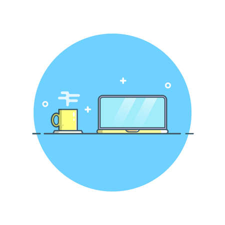 Laptop and Cup Vector Illustration. Object Design. Interior Element. Flat Cartoon Style Suitable for Icon, Web Landing Page, Banner, Flyer, Sticker, Card, Background, T-Shirt, Clip-artのイラスト素材
