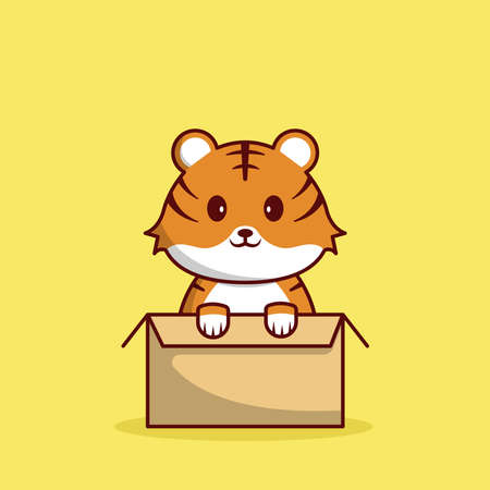 Cute Tiger in Box Vector Illustration. Animal. Baby. Flat Cartoon Style Suitable for Icon, Web Landing Page, Banner, Flyer, Sticker, Card, Background, T-Shirt, Clip-artのイラスト素材