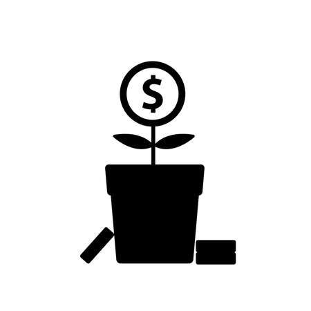 Dollar Coin Grow from Flower Pot Silhouette. Black and White Icon Design Element on Isolated White Backgroundのイラスト素材
