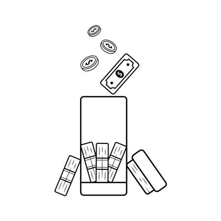 Pile of Money and Dollars Coin in Box Outline Icon Illustration on White Backgroundのイラスト素材