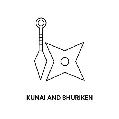 Kunai and Shuriken Black and White Icon in Outline Style on a White Background Suitable for Logo, Weapon, Ninja Icon. Isolatedのイラスト素材