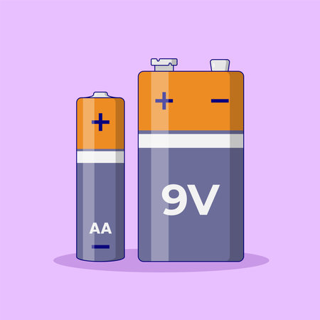 Battery AA and 9 Volts Vector Icon Illustration with Outline for Design Element, Clip Art, Web, Landing page, Sticker, Banner. Flat Cartoon Styleのイラスト素材