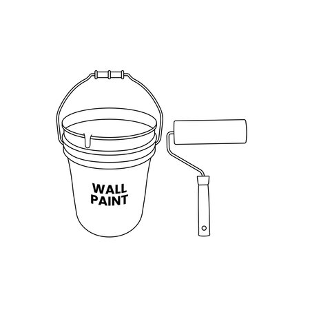 Paint Roller and Bucket Outline Icon Illustration on Isolated White Backgroundのイラスト素材