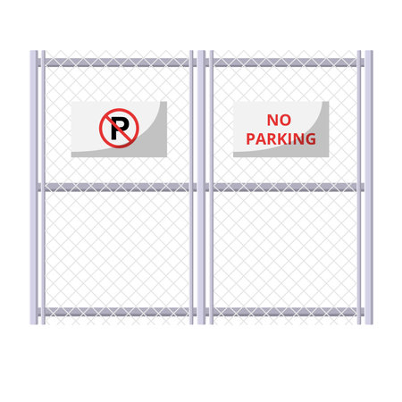 Metal Fence with No Parking Sign Flat Illustration. Clean Icon Design Element on Isolated White Backgroundのイラスト素材