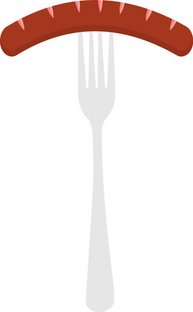 Sausage on Fork Flat Illustration. Clean Icon Design Element on Isolated Transparent Backgroundのイラスト素材