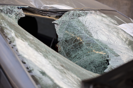 Close Up of a Broken Car Windshieldの写真素材
