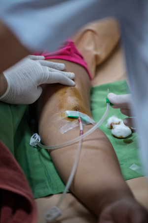 Hospital patients are injected with blood.の写真素材
