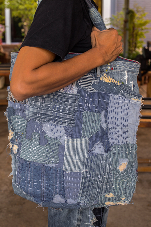 Jeans denim texture patchwork bag.の写真素材