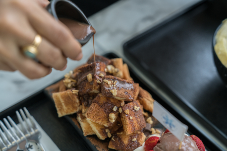 Honey Santos Bread and chocolate ice creamの写真素材