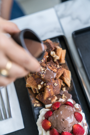 Honey Santos Bread and chocolate ice creamの写真素材