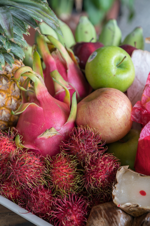 Sacrificial offering food for pray to god and memorial to ancestor in Chinese new yearの写真素材