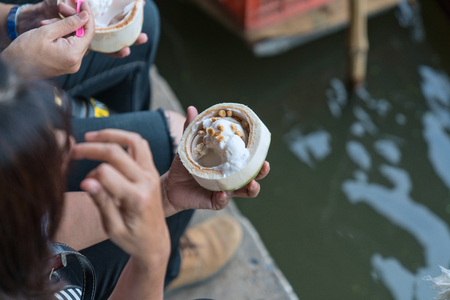 Exotic fruits for sale on Damnoen Saduak floating market on the boat の写真素材