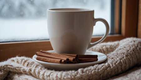 A beige mug filled with a hot beverage sits on a white saucer with cinnamon sticks, placed on a knitted blanket by a snowy window.の素材